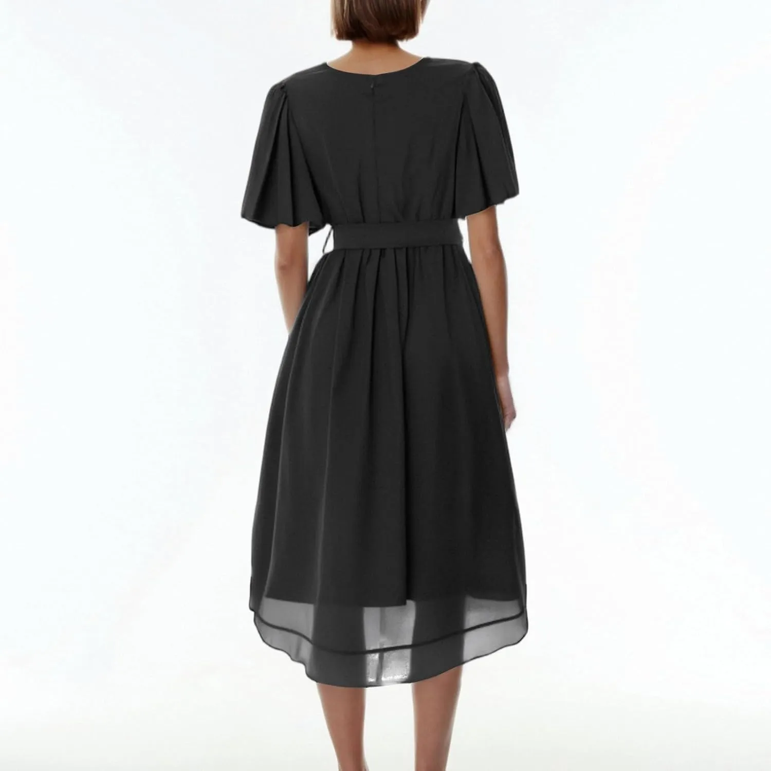 Summer Floral Chiffon Dresses for Women 2025 Midi Trendy Flowy Swing Short Sleeve V Neck Tie Elastic Waist A Line Dress