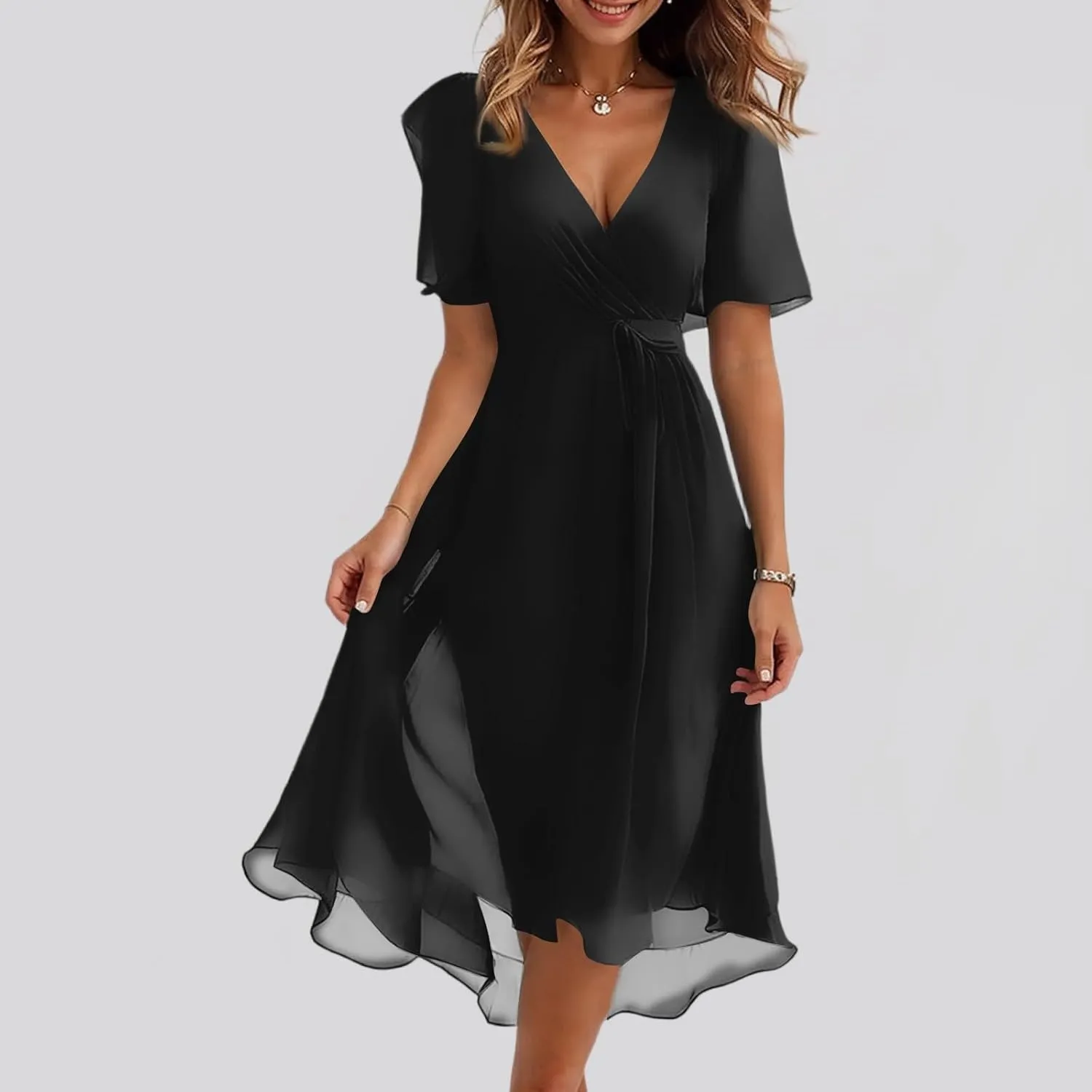 Summer Floral Chiffon Dresses for Women 2025 Midi Trendy Flowy Swing Short Sleeve V Neck Tie Elastic Waist A Line Dress