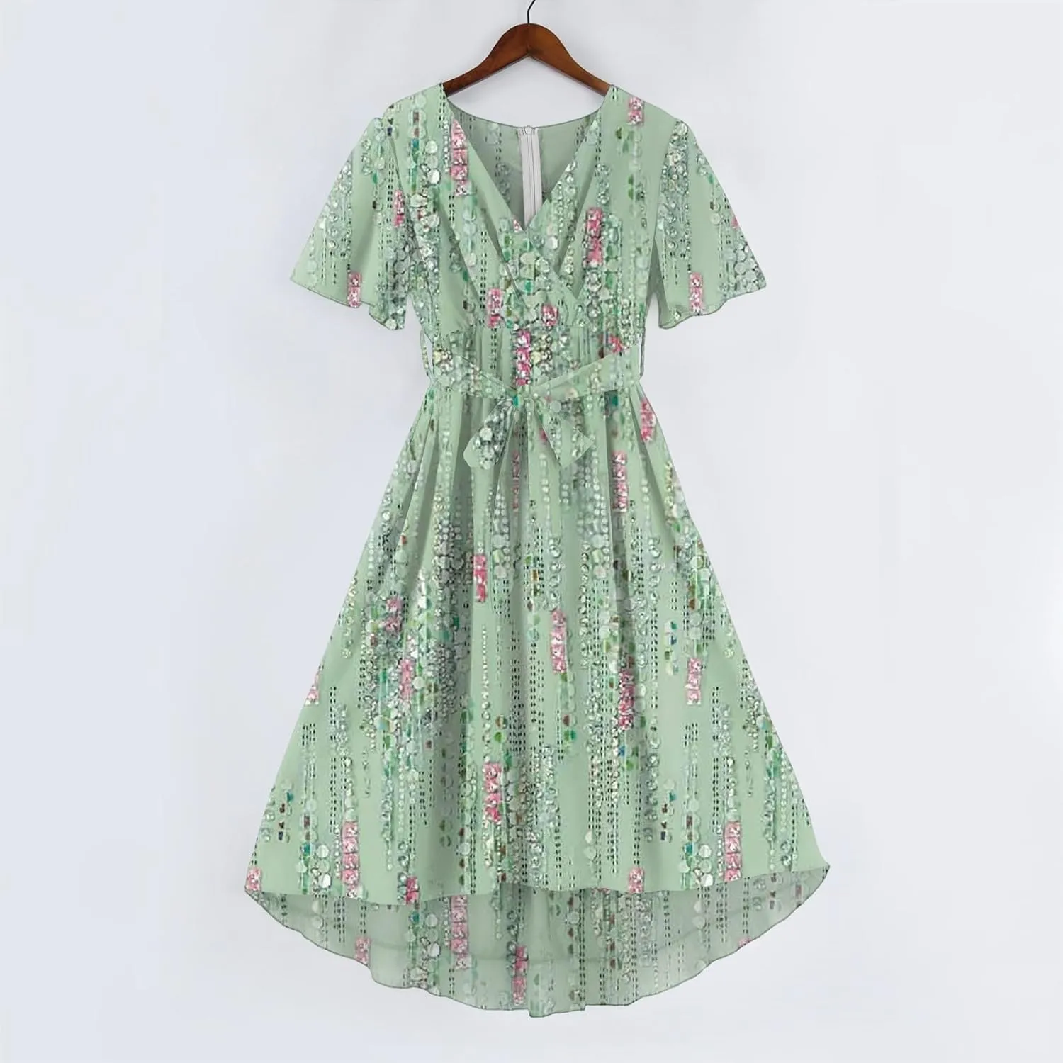 Summer Floral Chiffon Dresses for Women 2025 Midi Trendy Flowy Swing Tie Elastic Waist Short Sleeve V Neck A Line Dress