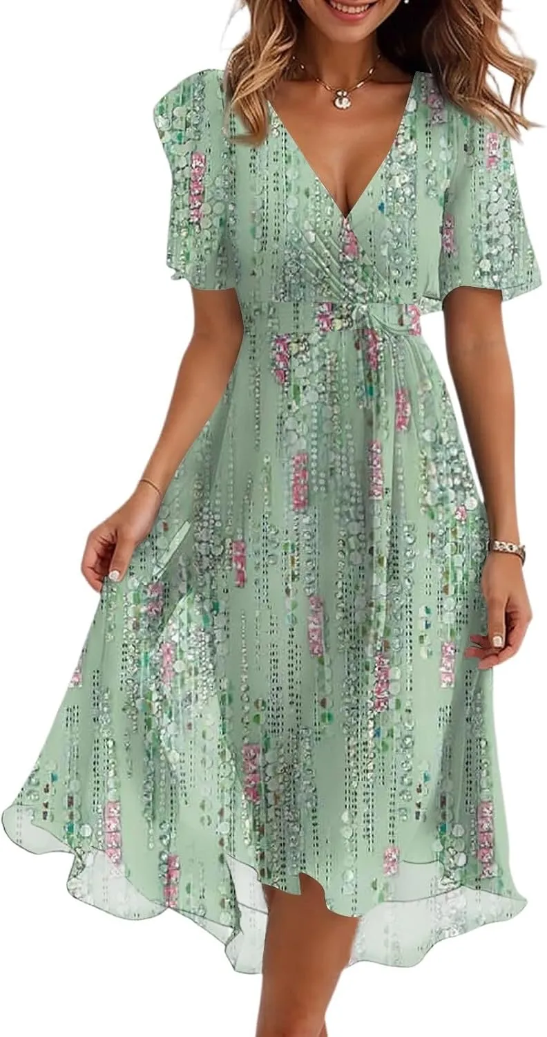 Summer Floral Chiffon Dresses for Women 2025 Midi Trendy Flowy Swing Tie Elastic Waist Short Sleeve V Neck A Line Dress