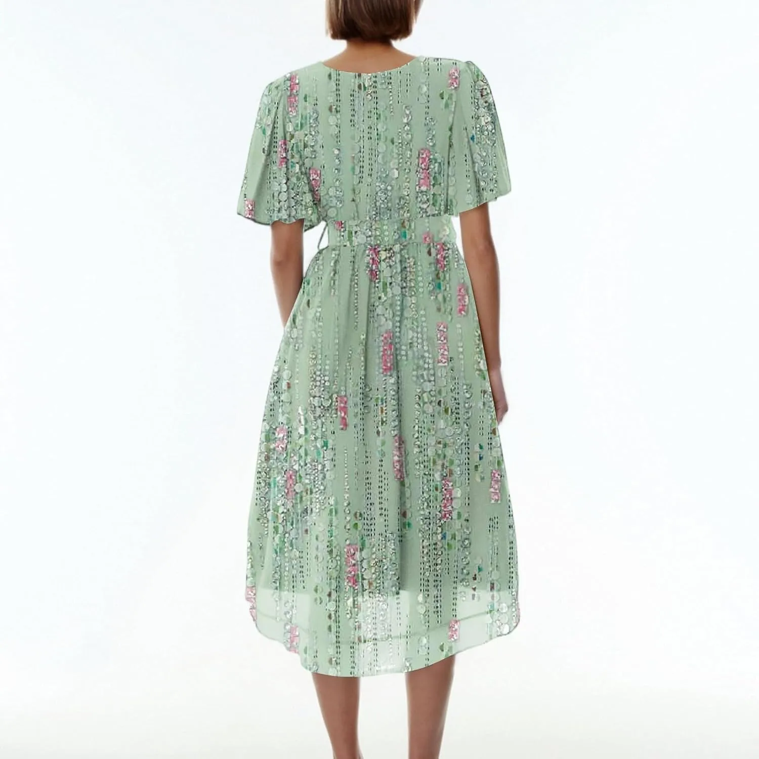 Summer Floral Chiffon Dresses for Women 2025 Midi Trendy Flowy Swing Tie Elastic Waist Short Sleeve V Neck A Line Dress