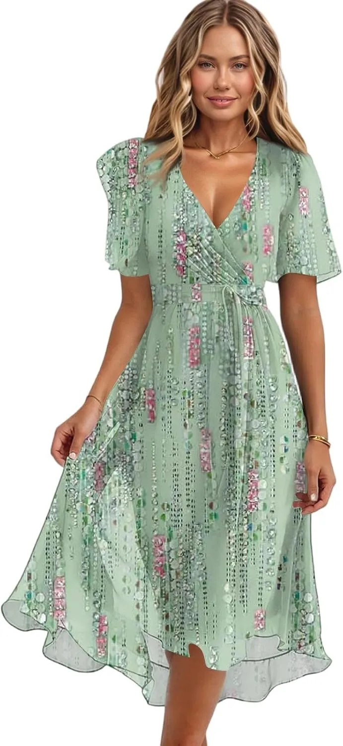 Summer Floral Chiffon Dresses for Women 2025 Midi Trendy Flowy Swing Tie Elastic Waist Short Sleeve V Neck A Line Dress
