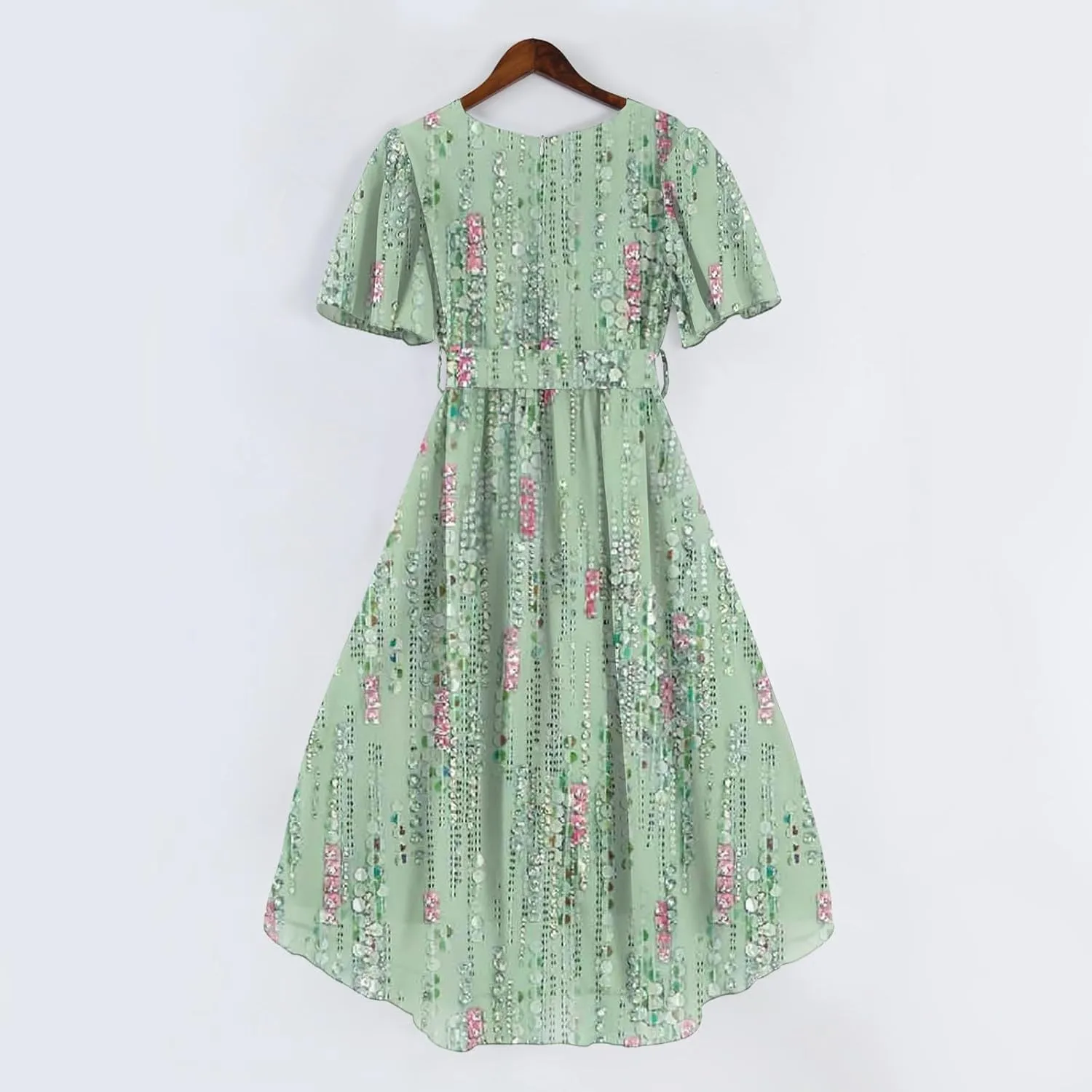 Summer Floral Chiffon Dresses for Women 2025 Midi Trendy Flowy Swing Tie Elastic Waist Short Sleeve V Neck A Line Dress