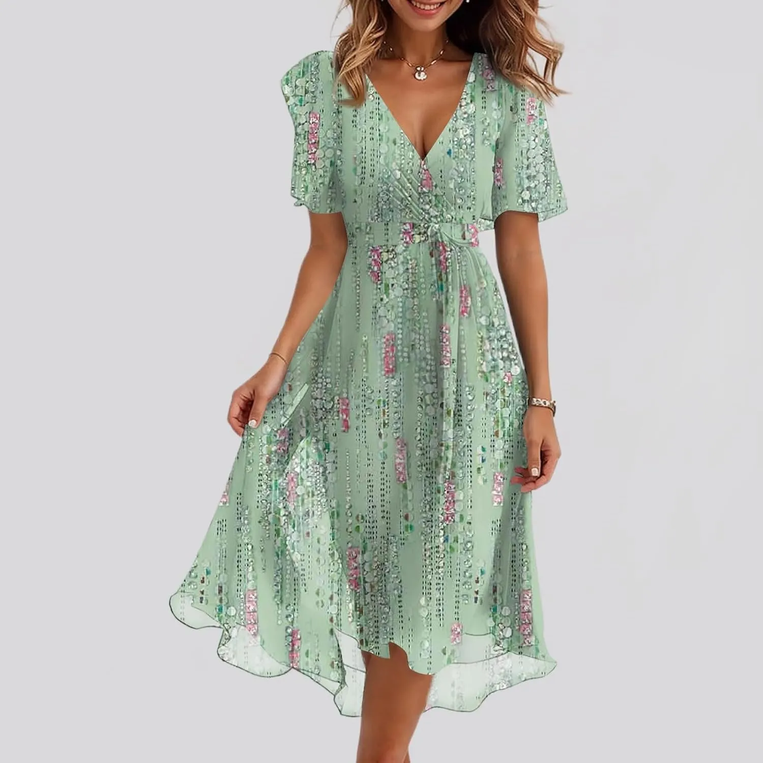 Summer Floral Chiffon Dresses for Women 2025 Midi Trendy Flowy Swing Tie Elastic Waist Short Sleeve V Neck A Line Dress
