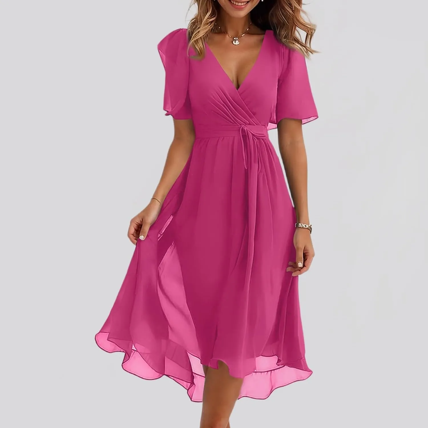 Summer Floral Chiffon Dresses for Women 2025 Midi Trendy Short Sleeve V Neck Tie Elastic Waist Flowy Swing A Line Dress