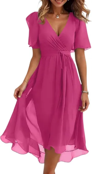 Summer Floral Chiffon Dresses for Women 2025 Midi Trendy Short Sleeve V Neck Tie Elastic Waist Flowy Swing A Line Dress