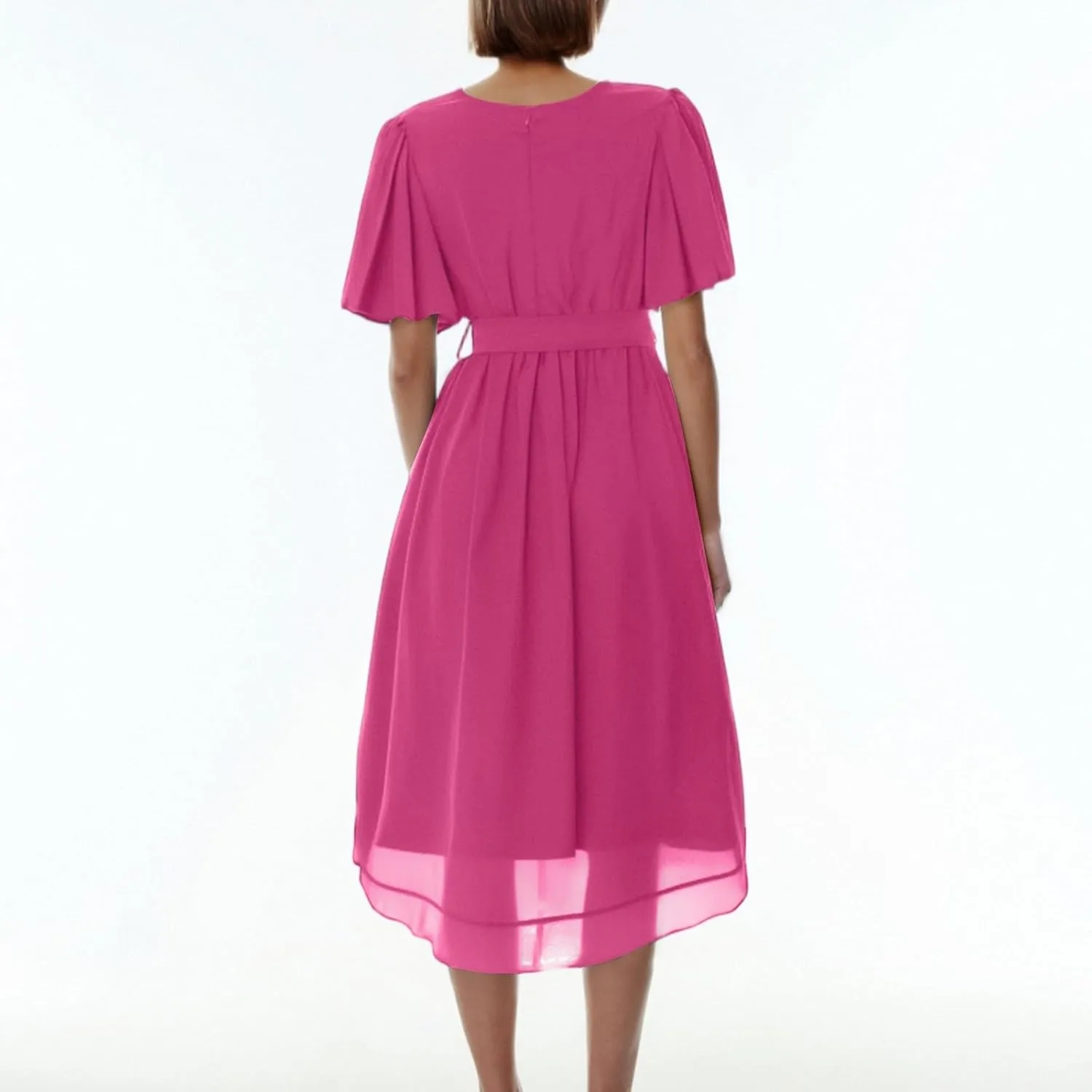 Summer Floral Chiffon Dresses for Women 2025 Midi Trendy Short Sleeve V Neck Tie Elastic Waist Flowy Swing A Line Dress