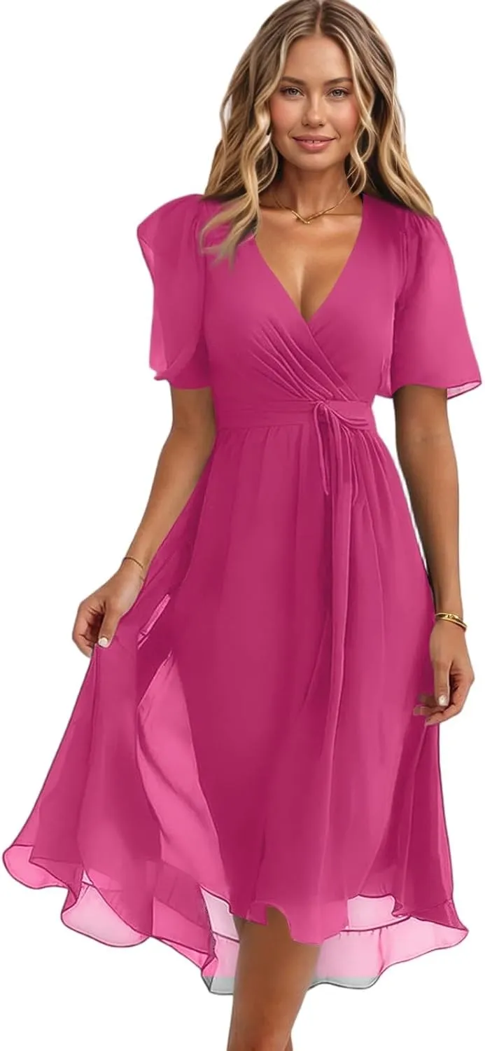 Summer Floral Chiffon Dresses for Women 2025 Midi Trendy Short Sleeve V Neck Tie Elastic Waist Flowy Swing A Line Dress