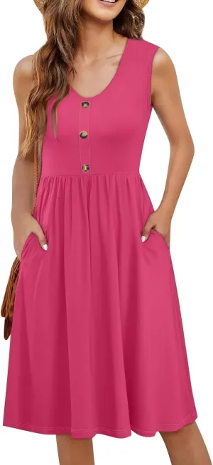 Sundresses for Women 2025 Casual Sleeveless Button V Neck Midi Dress Pleated Tank Dress with Pocket Summer Beach Outfits