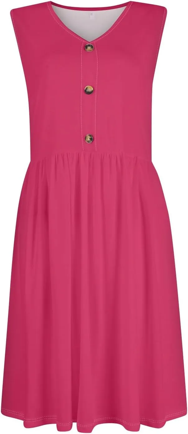 Sundresses for Women 2025 Casual Sleeveless Button V Neck Midi Dress Pleated Tank Dress with Pocket Summer Beach Outfits
