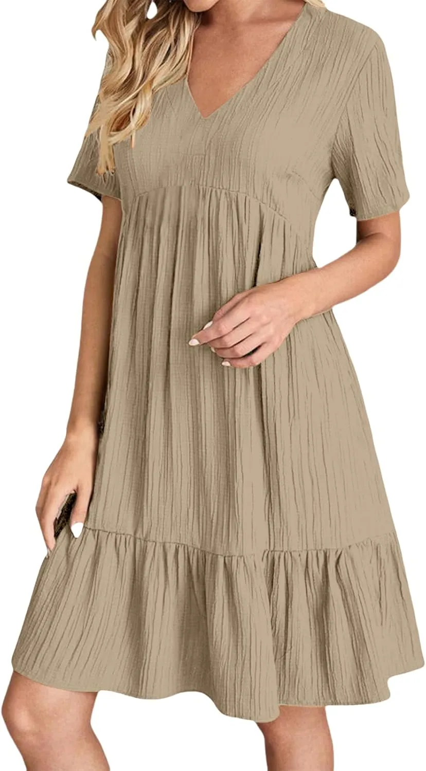 Sundresses for Women Summer Loose Fit V Neck Short Sleeve Mini Dress Ruffle Pleated Waist Layered Dresses 2025