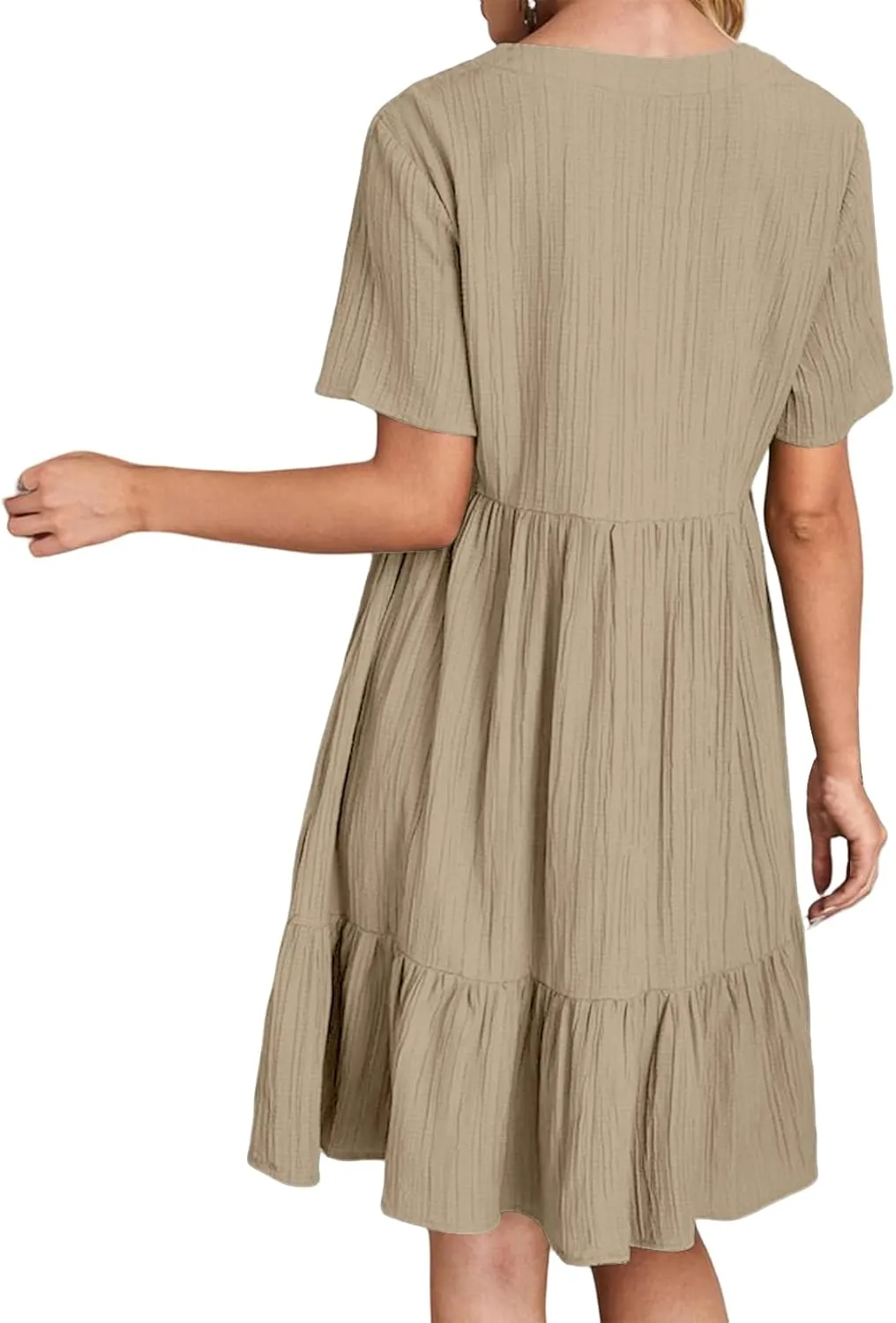 Sundresses for Women Summer Loose Fit V Neck Short Sleeve Mini Dress Ruffle Pleated Waist Layered Dresses 2025