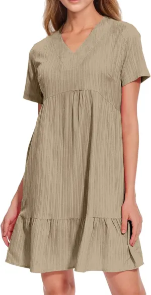 Sundresses for Women Summer Loose Fit V Neck Short Sleeve Mini Dress Ruffle Pleated Waist Layered Dresses 2025