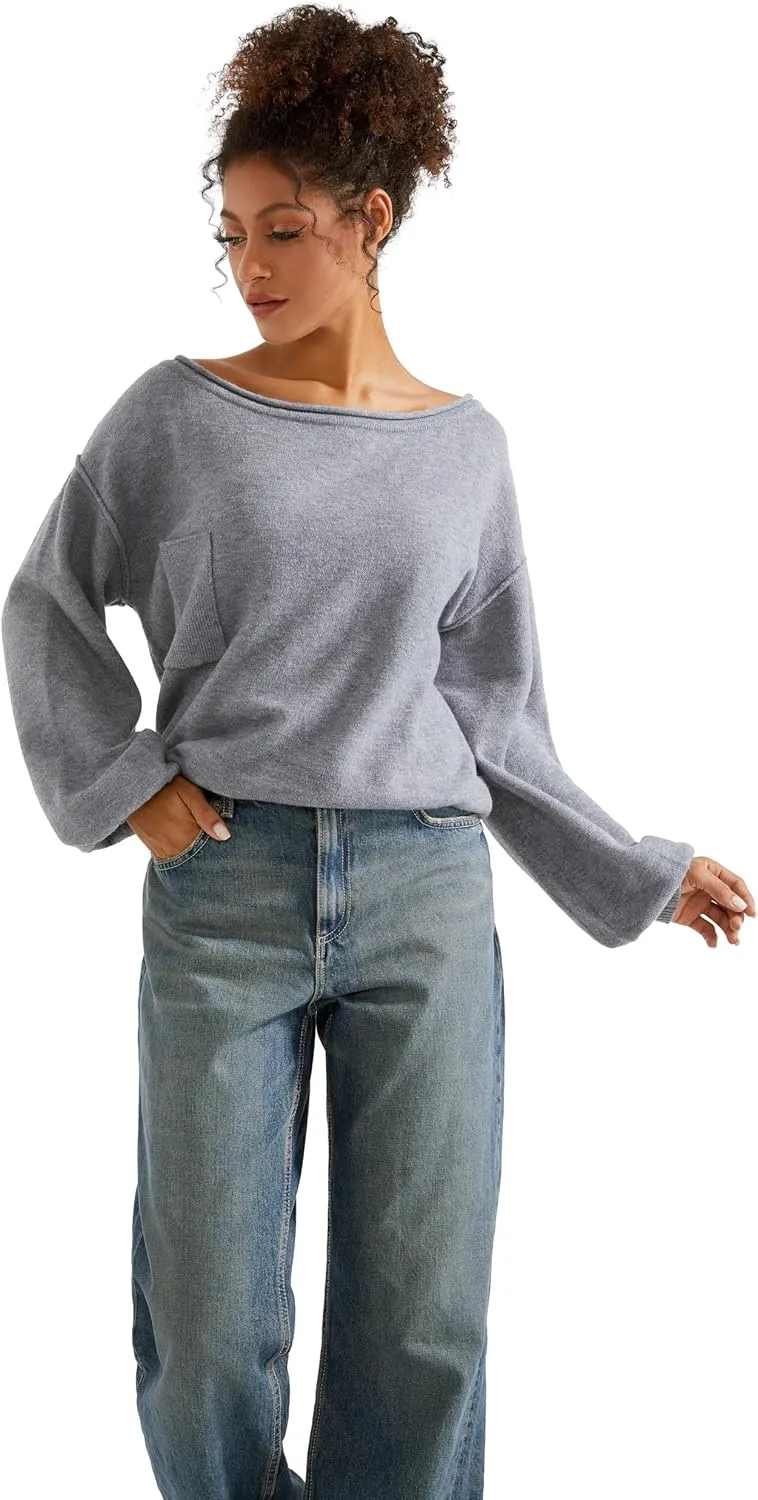 SUUKSESS Women Off The Shoulder Spring Sweaters Long Sleeve Boat Neck Oversized Pullover Sweater Tops