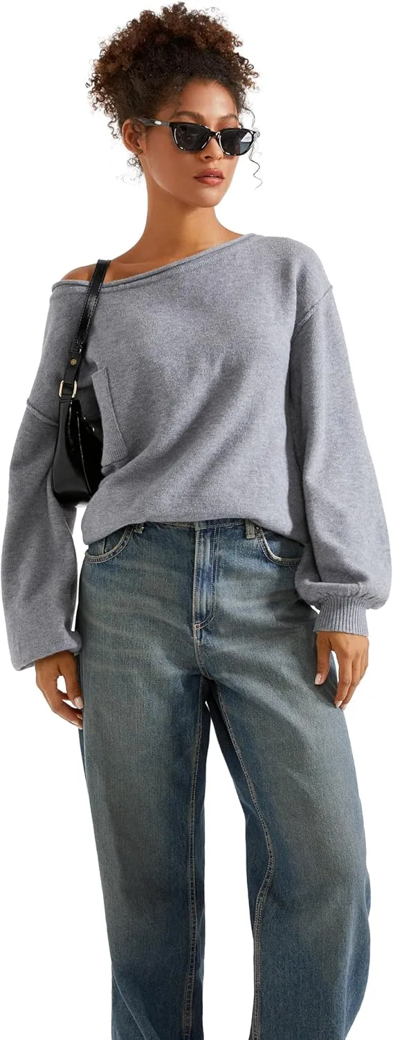 SUUKSESS Women Off The Shoulder Spring Sweaters Long Sleeve Boat Neck Oversized Pullover Sweater Tops
