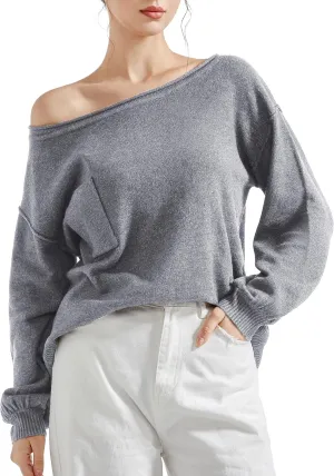 SUUKSESS Women Off The Shoulder Spring Sweaters Long Sleeve Boat Neck Oversized Pullover Sweater Tops