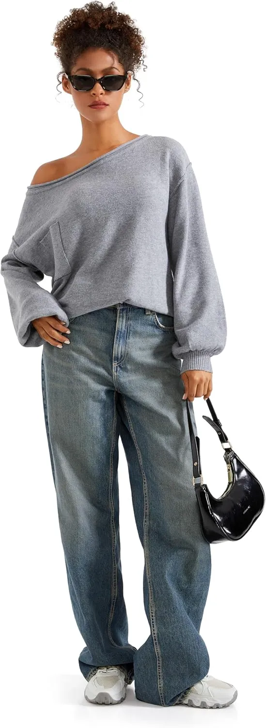 SUUKSESS Women Off The Shoulder Spring Sweaters Long Sleeve Boat Neck Oversized Pullover Sweater Tops