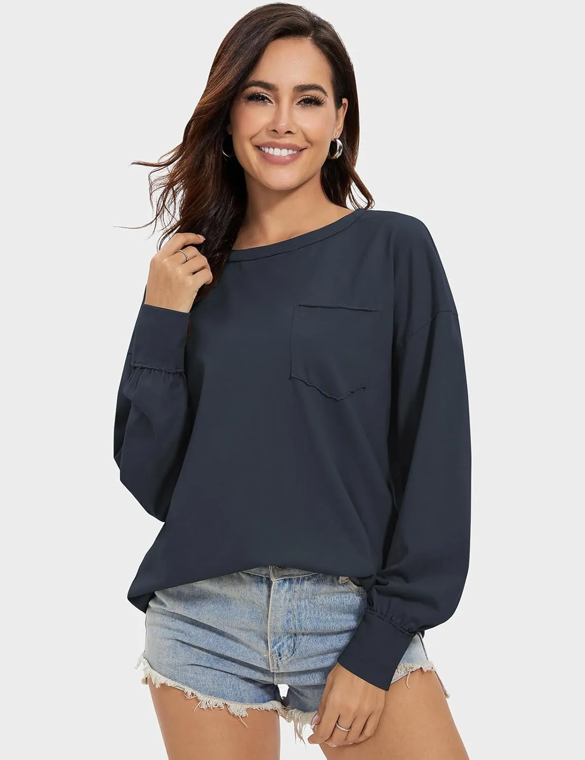 UEU Womens Long Sleeve Tops Crew Neck Casual Oversized Cotton Shirts Blouses Tshirt Tee 2024 Fall Trendy Clothes with Pockets