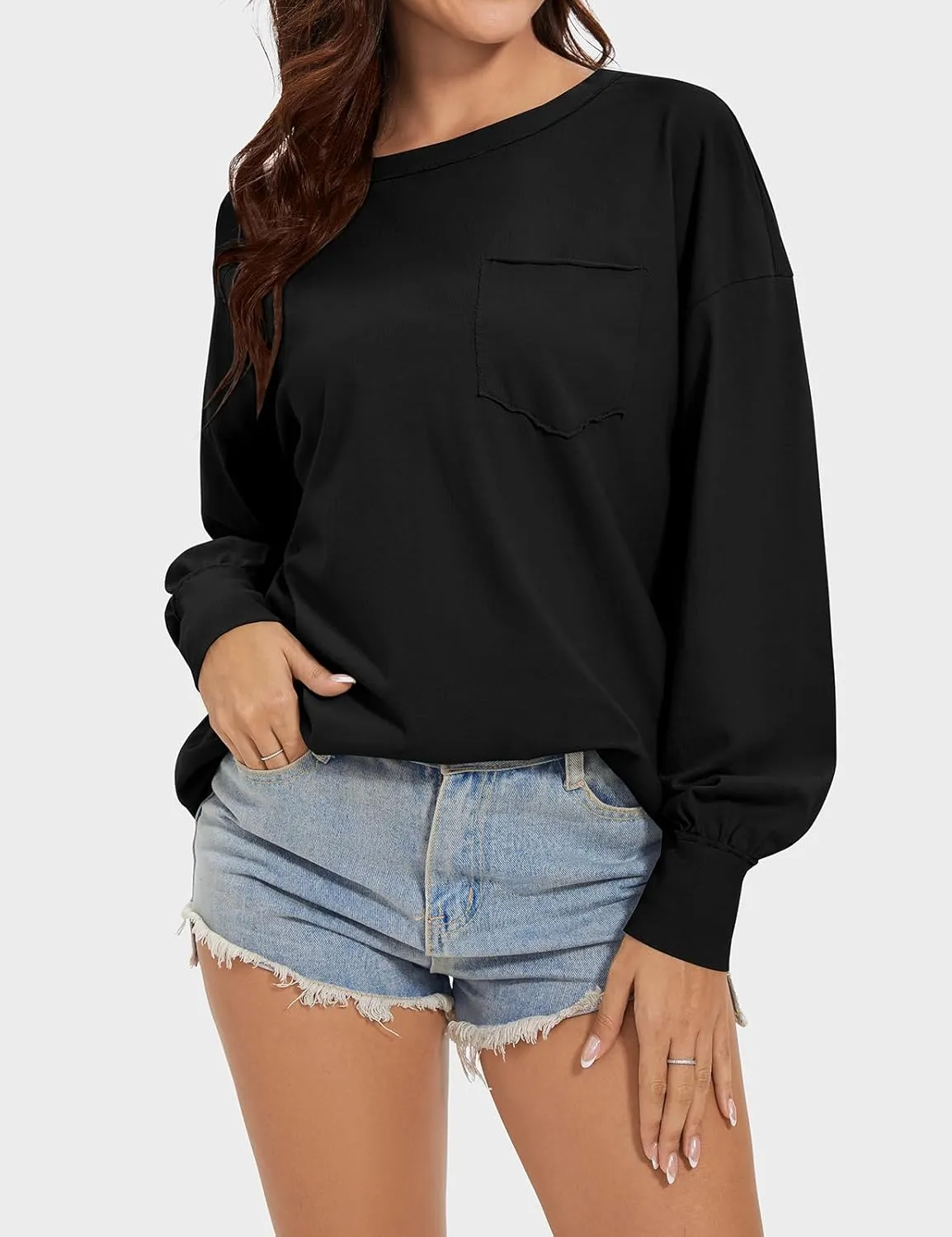 UEU Womens Long Sleeve Tops Crew Neck Casual Oversized Cotton Shirts Blouses Tshirt Tee 2024 Fall Trendy Clothes with Pockets