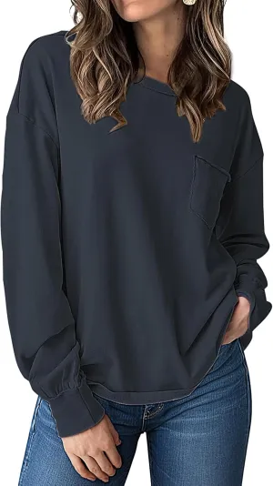 UEU Womens Long Sleeve Tops Crew Neck Casual Oversized Cotton Shirts Blouses Tshirt Tee 2024 Fall Trendy Clothes with Pockets