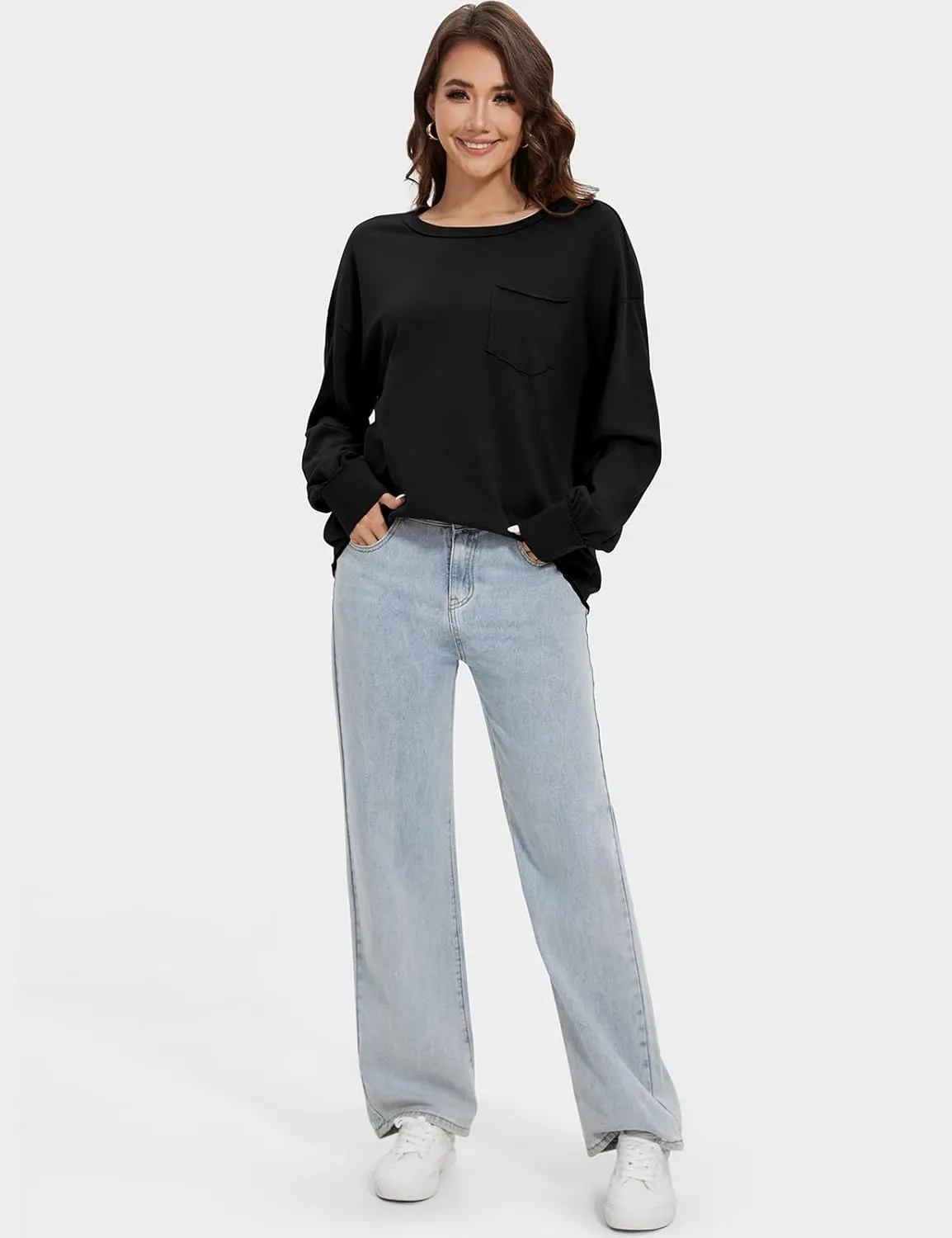 UEU Womens Long Sleeve Tops Crew Neck Casual Oversized Cotton Shirts Blouses Tshirt Tee 2024 Fall Trendy Clothes with Pockets