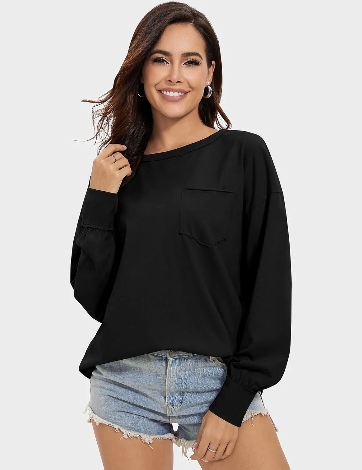 UEU Womens Long Sleeve Tops Crew Neck Casual Oversized Cotton Shirts Blouses Tshirt Tee 2024 Fall Trendy Clothes with Pockets