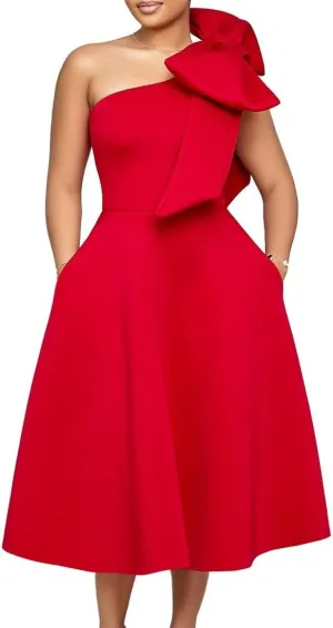 Useagrey Women Cocktail Formal Dress Gown Evening Dress Sexy Bow One Shoulder Midi Dresses