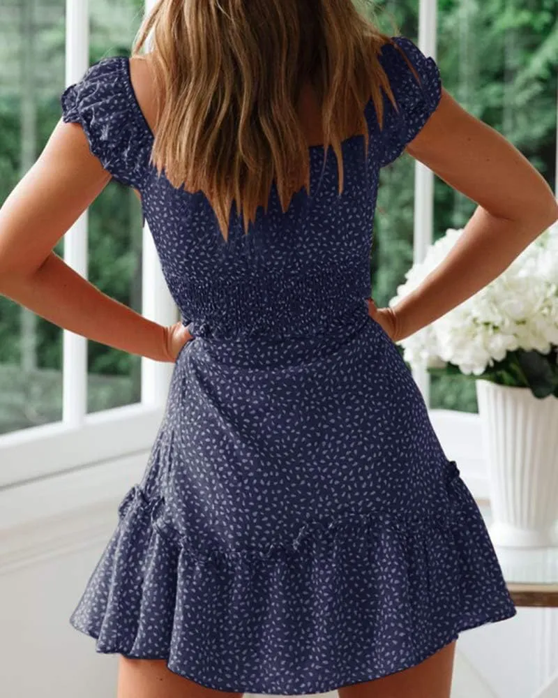 Valphsio Womens Smocked Dress Ruffle Floral Tie Front Boho Short Dresses