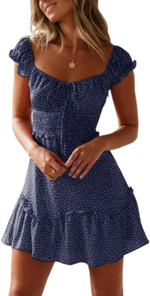 Valphsio Womens Smocked Dress Ruffle Floral Tie Front Boho Short Dresses