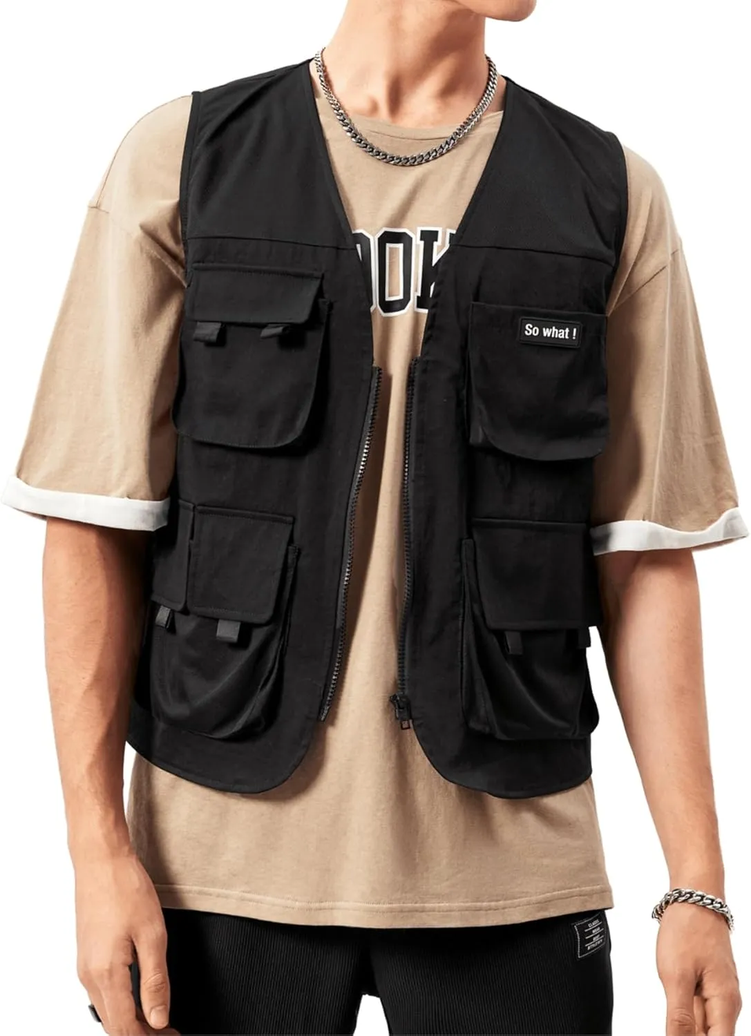Verdusa Men's Sleeveless Letter Patched Buckle Zipper Flap Pocket Steampunk Cargo Vest Jacket