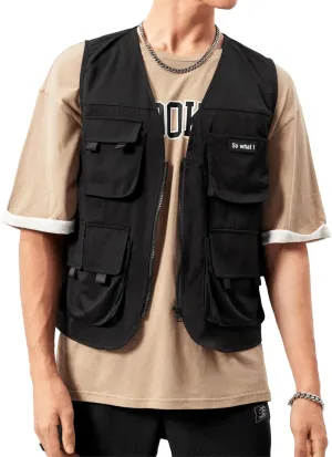 Verdusa Men's Sleeveless Letter Patched Buckle Zipper Flap Pocket Steampunk Cargo Vest Jacket