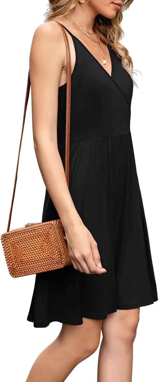 WEACZZY Women's 2025 Summer Dresses V Neck Spaghetti Strap Sundress Casual Beach Flowy Mini Dress with Pockets
