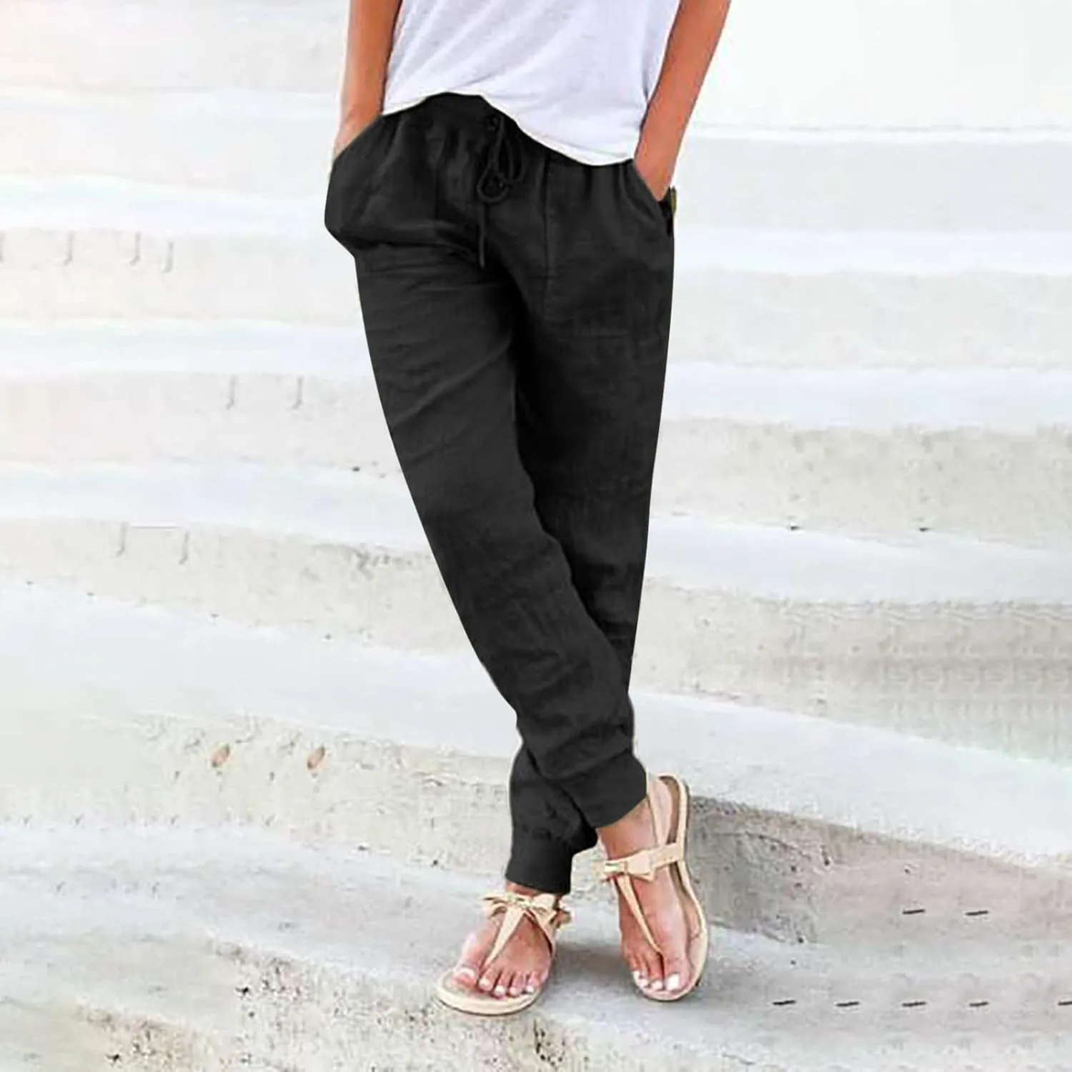 Wide Leg Casual Linen Pants for Women, Solid Color Cropped Capris Trouser with Pockets Comfort Yoga Soft Lounge Trousers