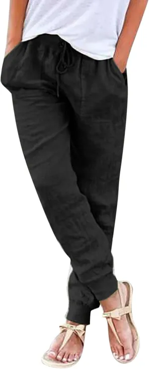 Wide Leg Casual Linen Pants for Women, Solid Color Cropped Capris Trouser with Pockets Comfort Yoga Soft Lounge Trousers