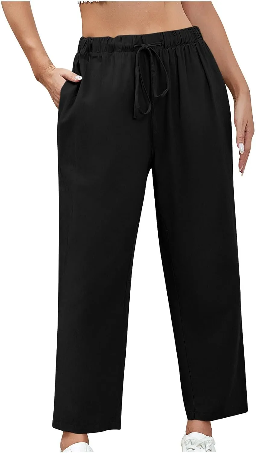 Women Linen Pants Summer 2025 Drawstring Elastic Waist Soft Comfy Cropped Pants Solid Color Wide Leg Palazzo Trousers