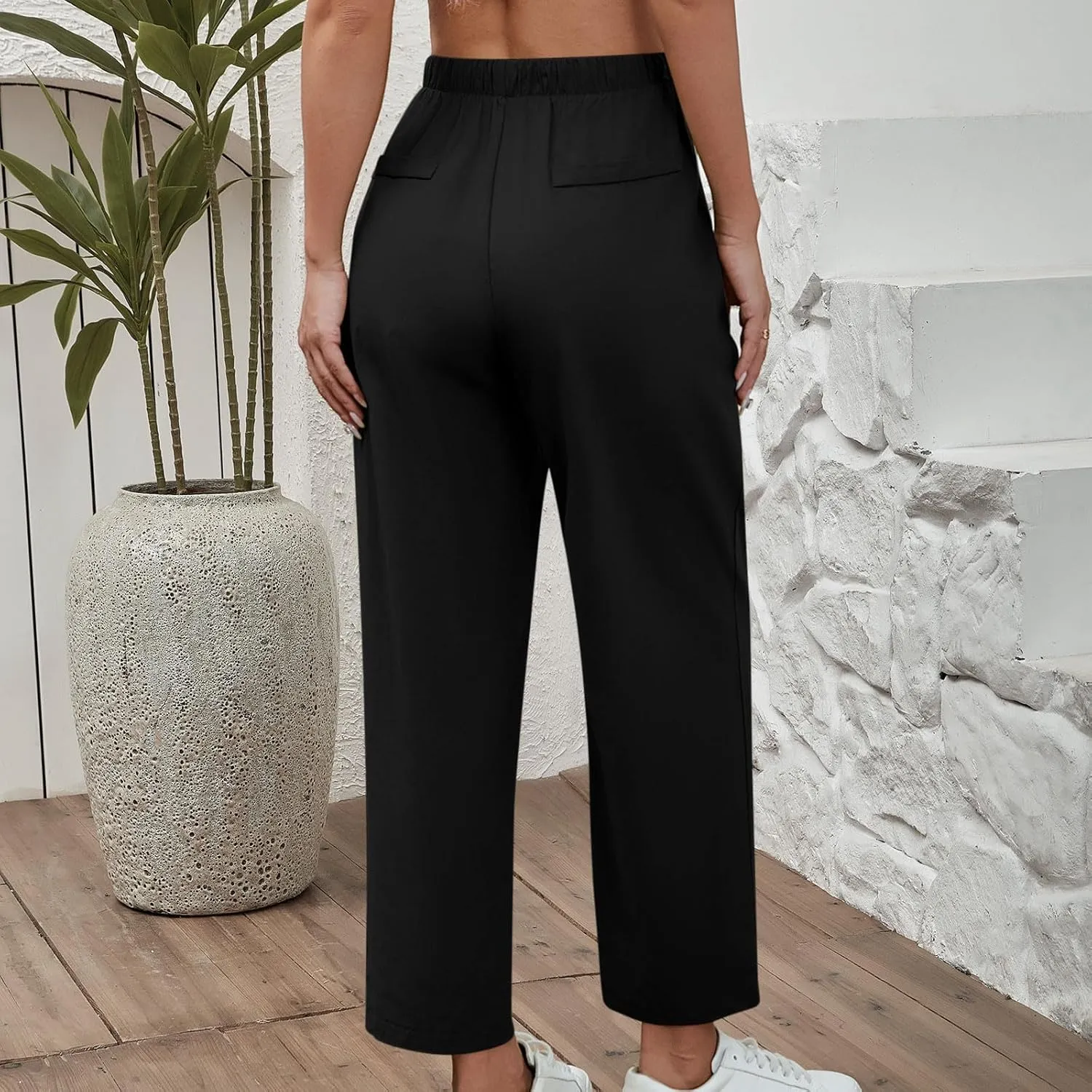Women Linen Pants Summer 2025 Drawstring Elastic Waist Soft Comfy Cropped Pants Solid Color Wide Leg Palazzo Trousers