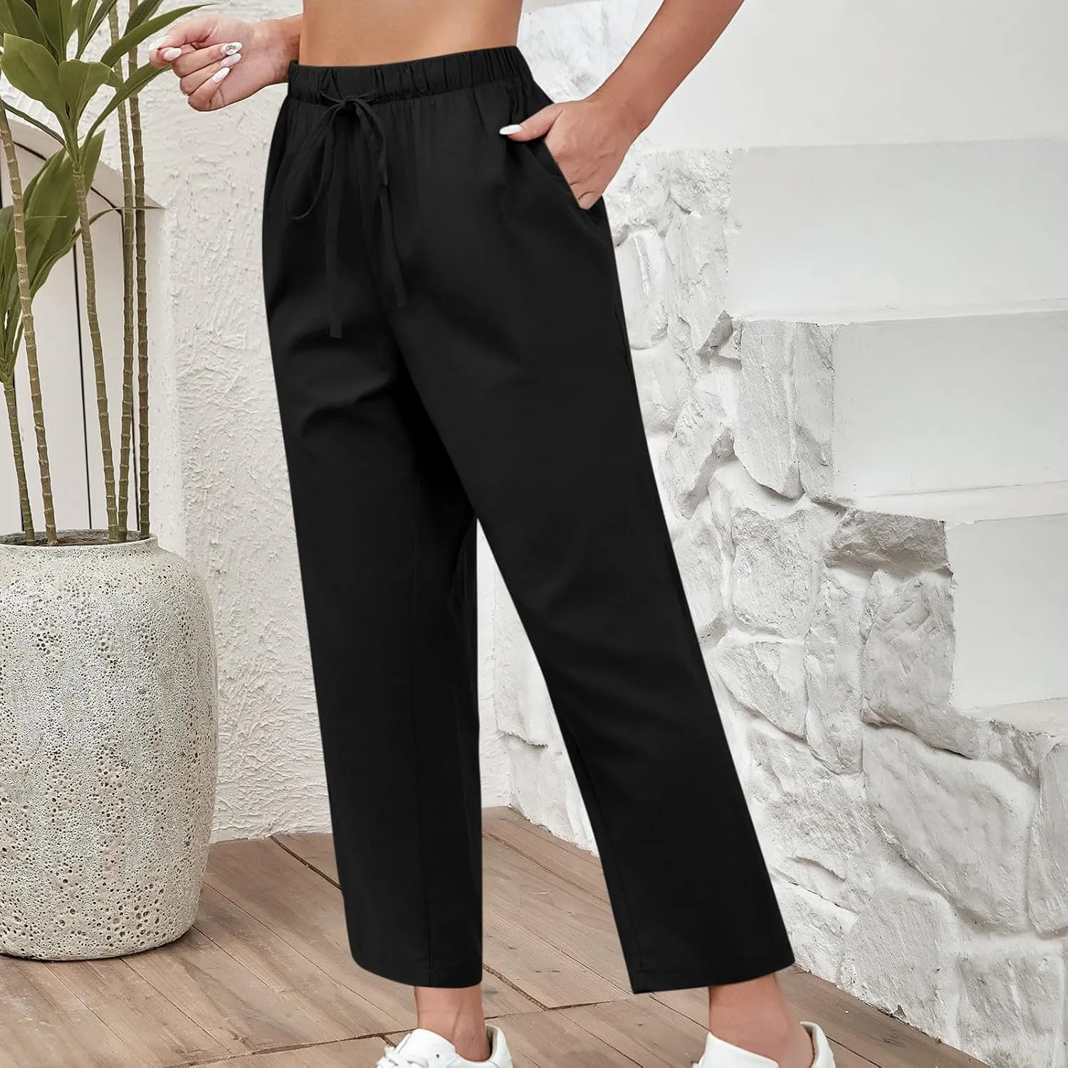 Women Linen Pants Summer 2025 Drawstring Elastic Waist Soft Comfy Cropped Pants Solid Color Wide Leg Palazzo Trousers