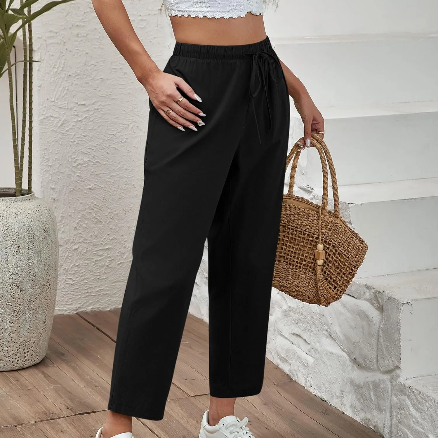Women Linen Pants Summer 2025 Drawstring Elastic Waist Soft Comfy Cropped Pants Solid Color Wide Leg Palazzo Trousers