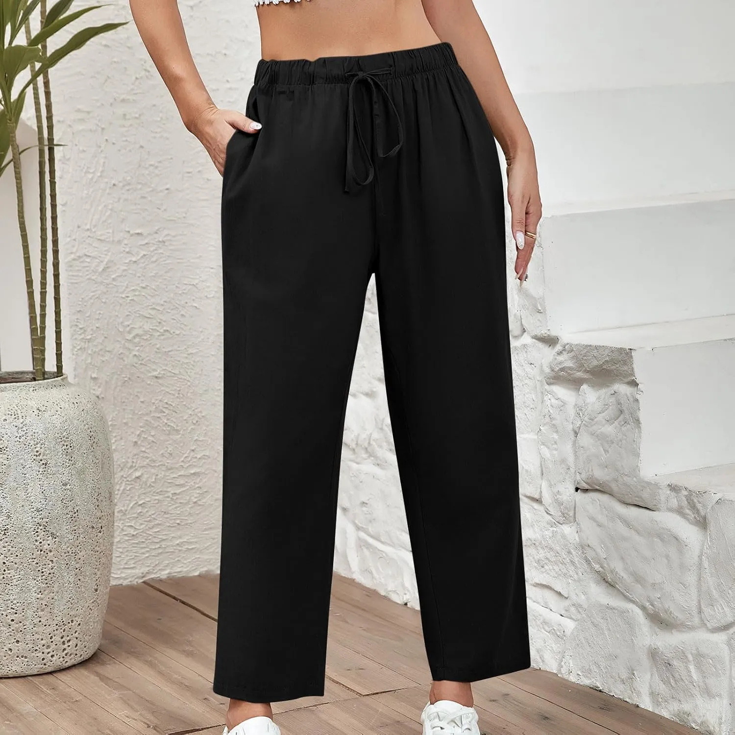 Women Linen Pants Summer 2025 Drawstring Elastic Waist Soft Comfy Cropped Pants Solid Color Wide Leg Palazzo Trousers