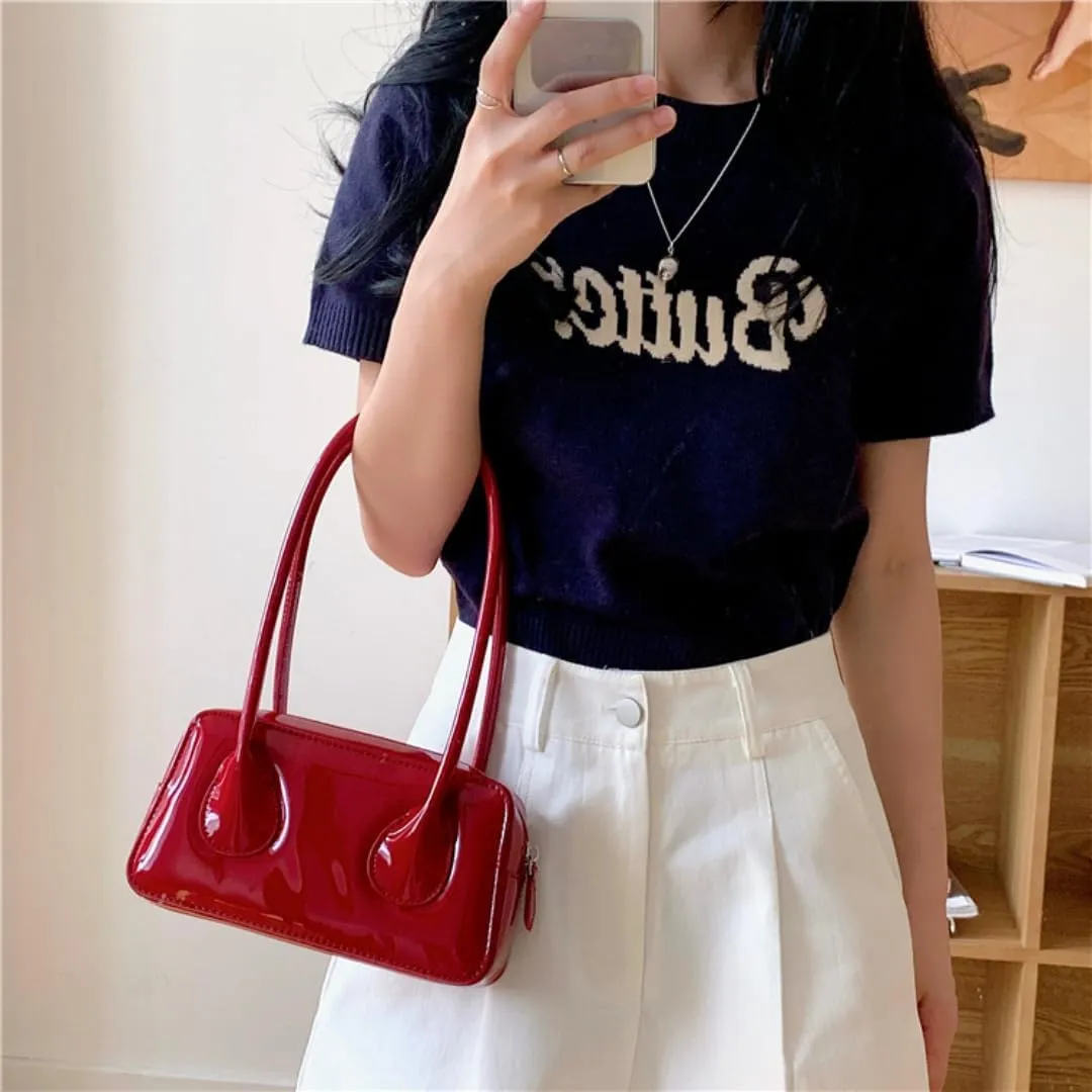 Women Patent Leather Shoulder Bag Top Handle Bag Cute Versatile Satchel Handbag Purses Aesthetic Underarm Bag