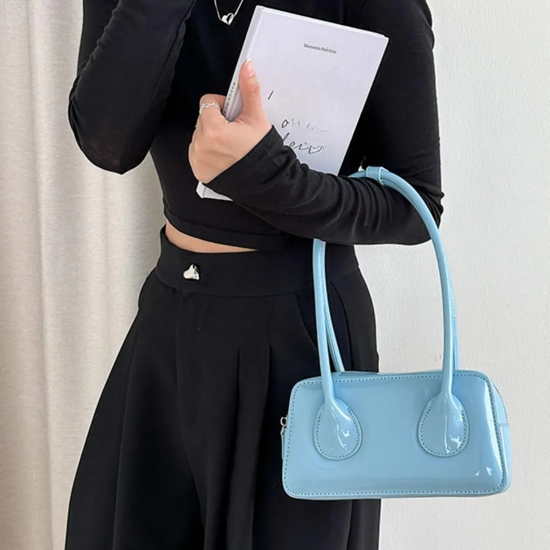 Women Patent Leather Shoulder Bag Top Handle Bag Cute Versatile Satchel Handbag Purses Aesthetic Underarm Bag