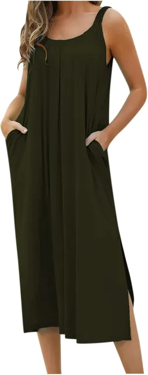 Women Pleated Crew Neck Maxi Dresses Sleeveless Beach Boho Summer Dress Loose Vacation Plus Size Sundress