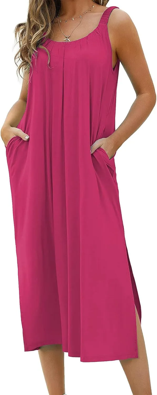 Women Pleated Crew Neck Maxi Dresses Sleeveless Beach Boho Summer Dress Loose Vacation Plus Size Sundress