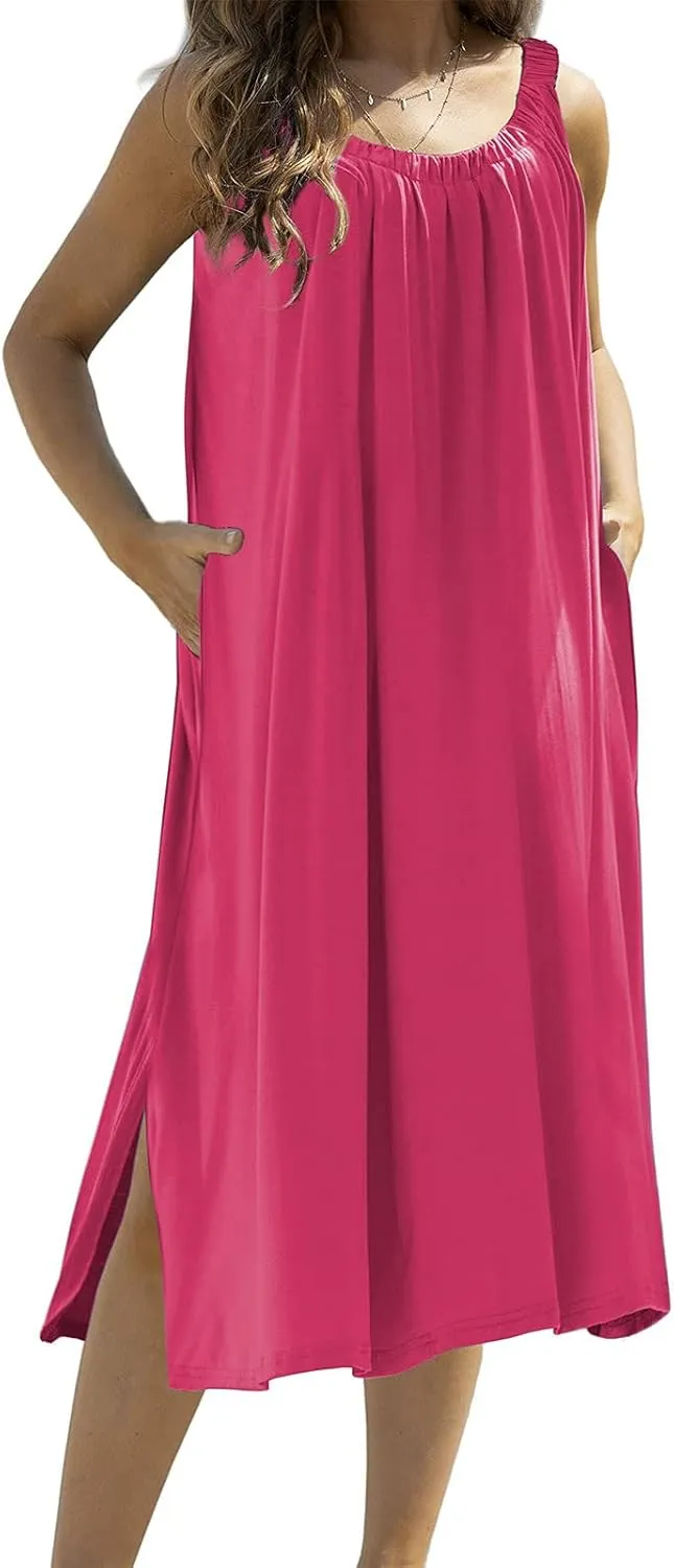Women Pleated Crew Neck Maxi Dresses Sleeveless Beach Boho Summer Dress Loose Vacation Plus Size Sundress