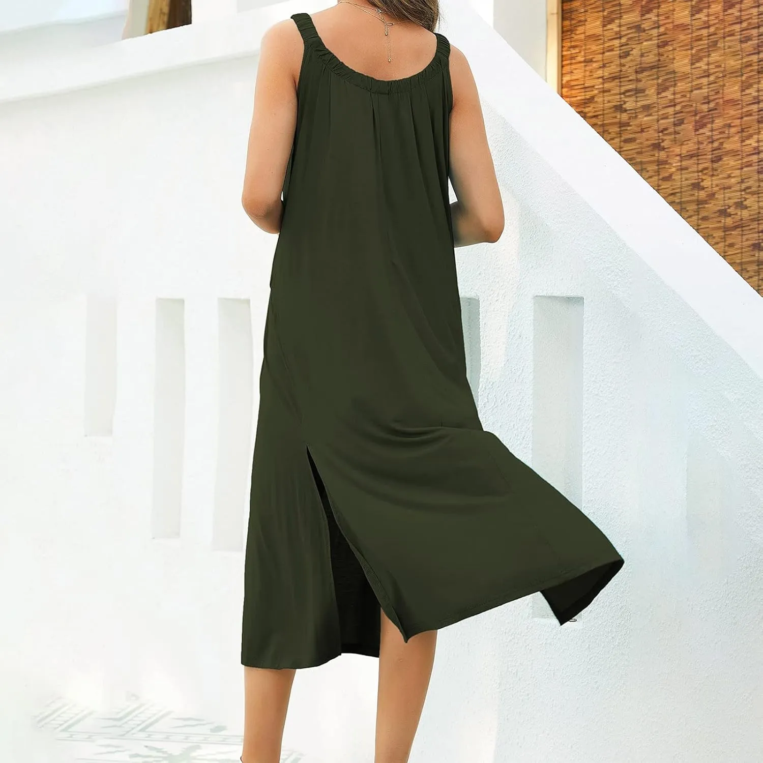 Women Pleated Crew Neck Maxi Dresses Sleeveless Beach Boho Summer Dress Loose Vacation Plus Size Sundress