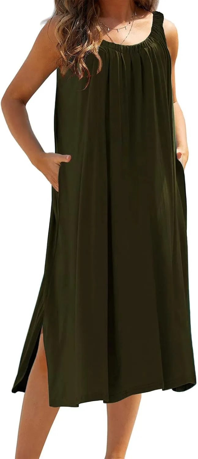 Women Pleated Crew Neck Maxi Dresses Sleeveless Beach Boho Summer Dress Loose Vacation Plus Size Sundress