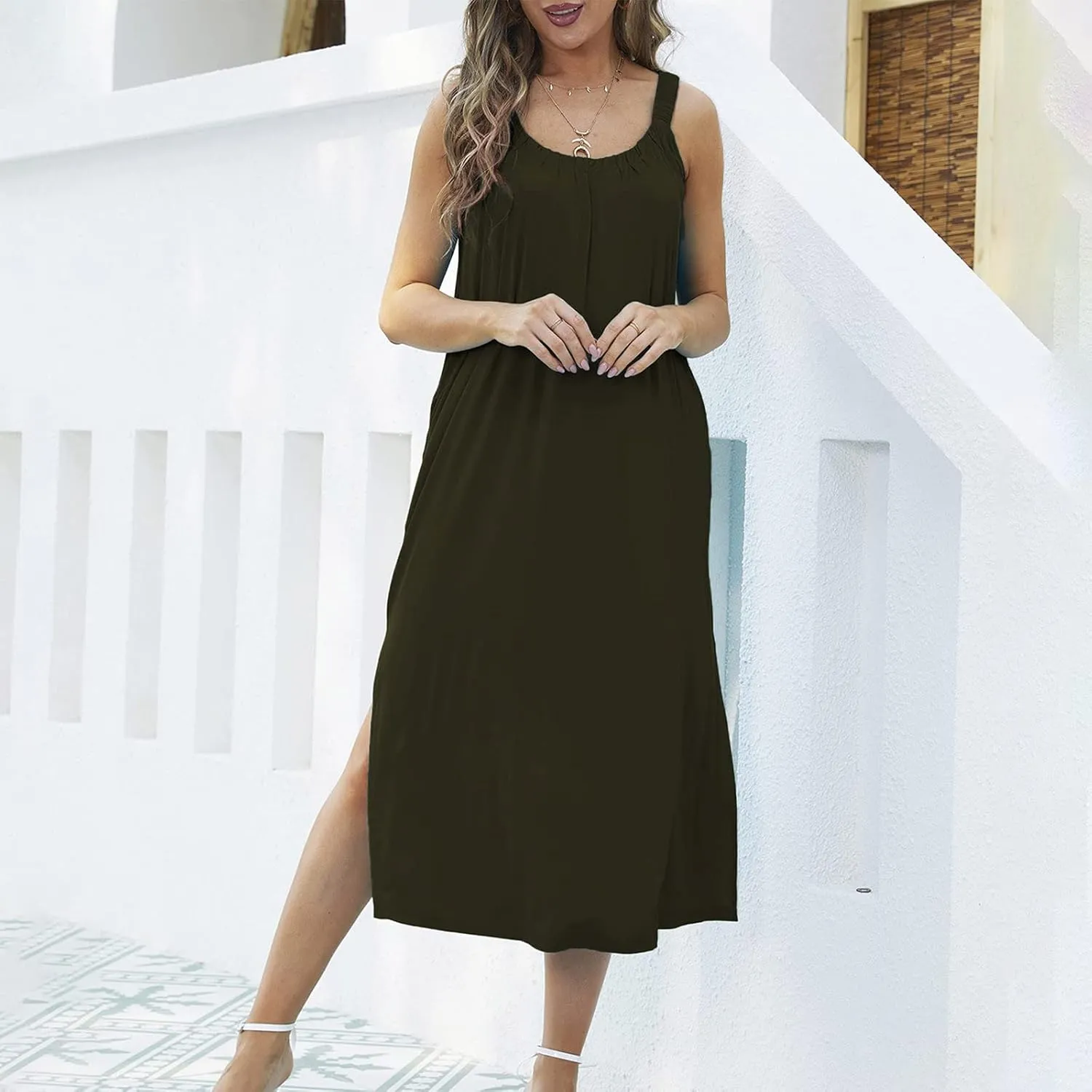 Women Pleated Crew Neck Maxi Dresses Sleeveless Beach Boho Summer Dress Loose Vacation Plus Size Sundress