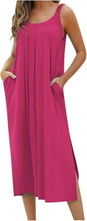 Women Pleated Crew Neck Maxi Dresses Sleeveless Beach Boho Summer Dress Loose Vacation Plus Size Sundress