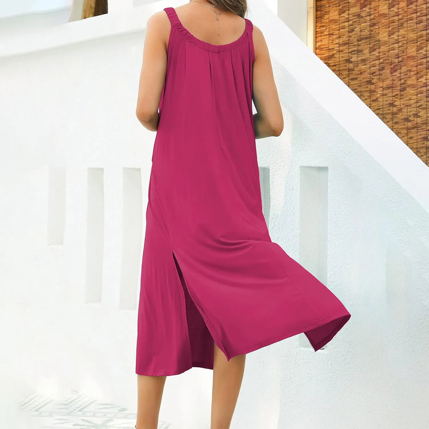Women Pleated Crew Neck Maxi Dresses Sleeveless Beach Boho Summer Dress Loose Vacation Plus Size Sundress