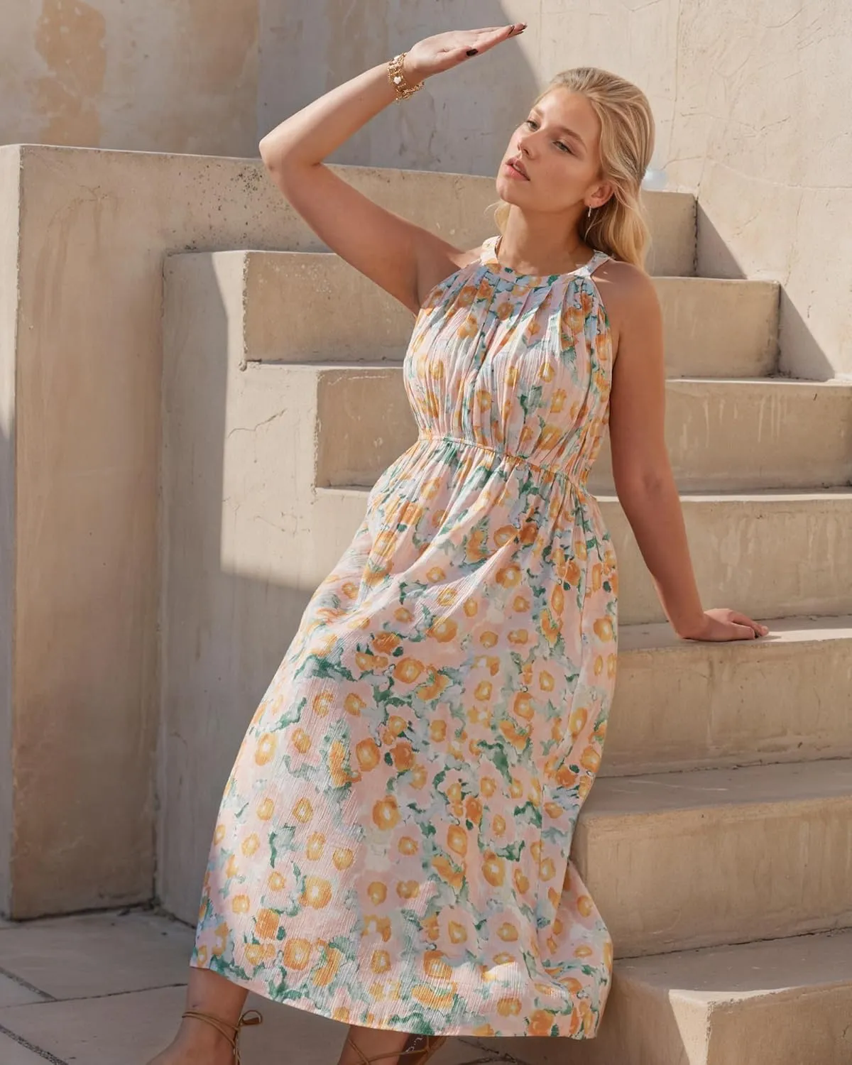 Women Plus Size Floral Summer Dress - Sleeveless Halter Neck Midi Boho Dresses Floral Print on Pink Flowy Long Casual Dress